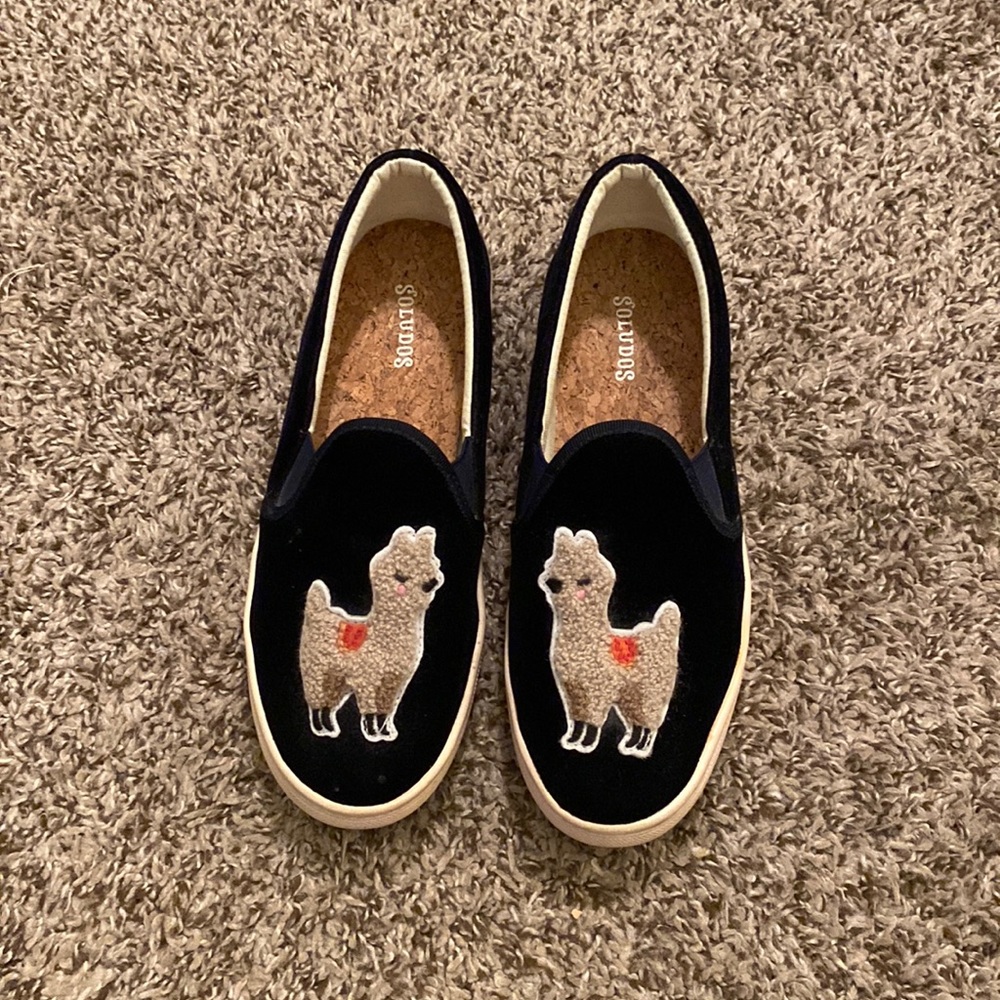 Soludos suede smoking slippers with llama